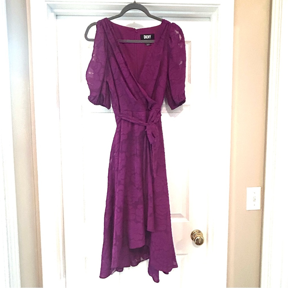 DKNY Women's Size 8 Purple Balloon-Sleeve Tie-Waist Chiffon Lace Midi Dress